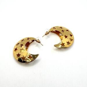 Vintage 90s Gold Tone Star Cutout Crescent Moon Hoop Earrings
